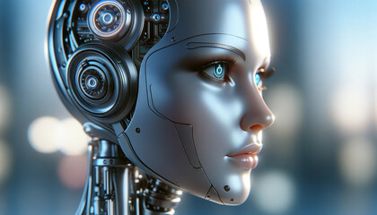 A woman's face is shown with a metallic look, and the eyes are blue. The image conveys a futuristic and technological vibe
