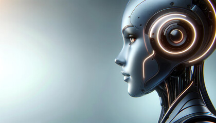 A woman's face is shown with a futuristic design. Concept of technology and innovation, as the woman's face is made up of electronic components. Scene is futuristic and advanced