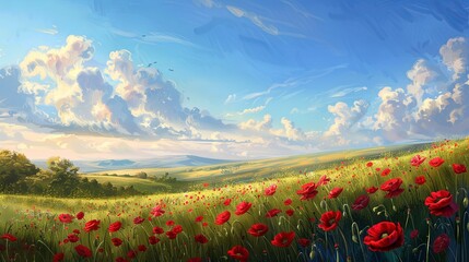 field of poppies with blue sky and clouds