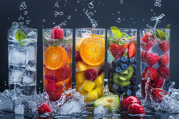 Fruit Infused Water Splash. Colorful mixed fruit infused water with a dynamic splash effect.