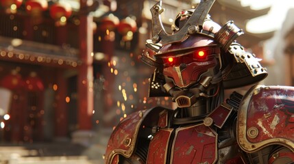 Photorealism focusing on the intricate details of a samurai mechs armor in red and gold, eyes glowing red, set against a backdrop of ancient ruins reimagined in a hightech era