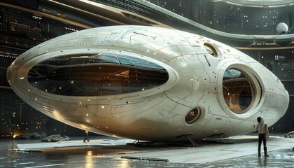 Conceptualize a scifi spacecraft shaped like a giant egg, capable of intergalactic travel