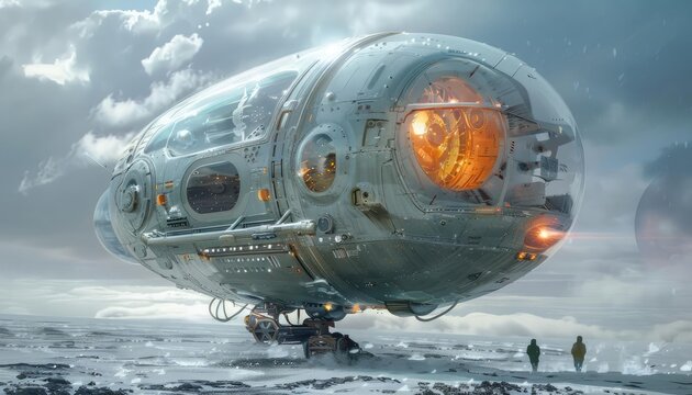 Conceptualize a scifi spacecraft shaped like a giant egg, capable of intergalactic travel