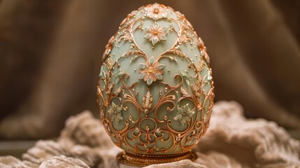Design an intricate Fabergestyle egg adorned with delicate filigree patterns