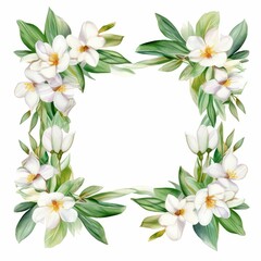 jasmine themed frame or border for photos and text. delicate white flowers and green leaves. watercolor illustration,  For packaging, greeting and invitation cards and labels. For banners, flyers.