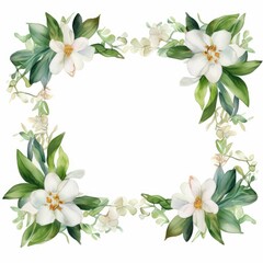 Fototapeta premium jasmine themed frame or border for photos and text. delicate white flowers and green leaves. watercolor illustration, For packaging, greeting and invitation cards and labels. For banners, flyers.