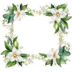 jasmine themed frame or border for photos and text. delicate white flowers and green leaves. watercolor illustration,  For packaging, greeting and invitation cards and labels. For banners, flyers.