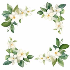 jasmine themed frame or border for photos and text. delicate white flowers and green leaves. watercolor illustration,  For packaging, greeting and invitation cards and labels. For banners, flyers.