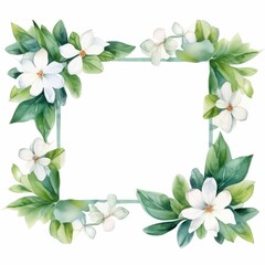 Obraz premium jasmine themed frame or border for photos and text. delicate white flowers and green leaves. watercolor illustration, For packaging, greeting and invitation cards and labels. For banners, flyers.