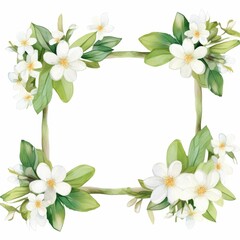 jasmine themed frame or border for photos and text. delicate white flowers and green leaves. watercolor illustration,  For packaging, greeting and invitation cards and labels. For banners, flyers.