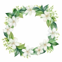 jasmine themed frame or border for photos and text. delicate white flowers and green leaves. watercolor illustration,  For packaging, greeting and invitation cards and labels. For banners, flyers.