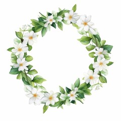 Naklejka premium jasmine themed frame or border for photos and text. delicate white flowers and green leaves. watercolor illustration, For packaging, greeting and invitation cards and labels. For banners, flyers.