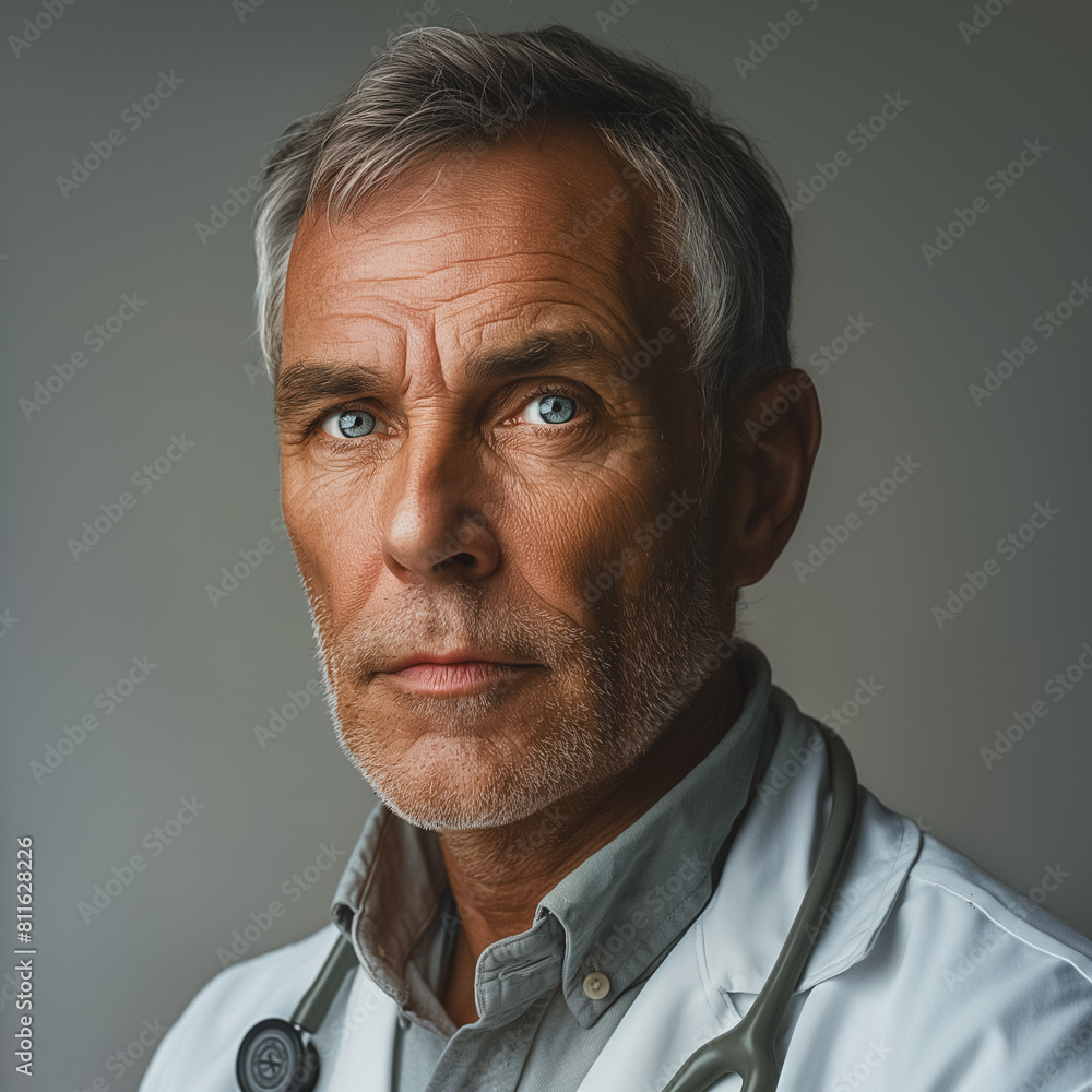 Poster a man with a white coat and a stethoscope is standing in front of a wall. he has a serious expressio