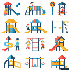 A set of icons for playgrounds featuring children playing in a play ground and park equipment such as slides, climbing frames, carousels,