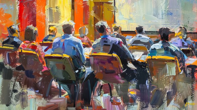 Impressionism Art of a seminar in progress, capturing the flow of ideas with broad strokes and vibrant colors in a collegiate setting