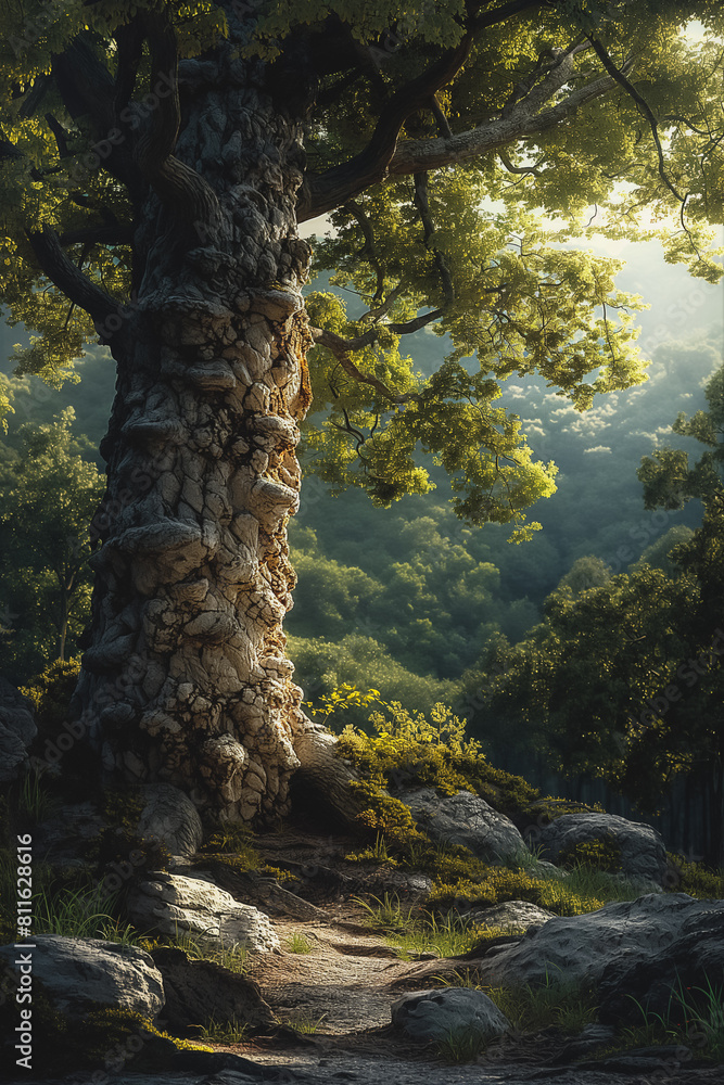 Poster a large tree with a trunk that is twisted and gnarled