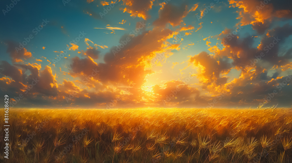 Poster a field of tall grass with a bright orange sun in the sky. the sky is filled with clouds, creating a
