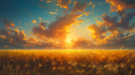 A field of tall grass with a bright orange sun in the sky. The sky is filled with clouds, creating a moody atmosphere - Powered by Adobe