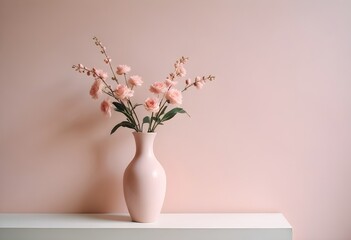 Clean Aesthetic Scandinavian style table with decorations. Zen. Spiritual Vase and flowers. Pink. Tone on tone. Pastel. 