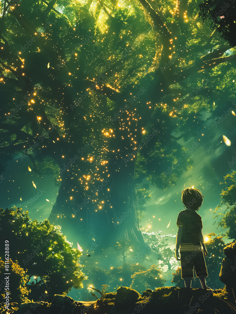 Poster a boy stands in front of a tree with many lights on it