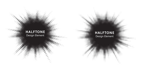 Halftone circle frame background set. Round border Icon using halftone random circle. Grunge circular stain. Vector illustration.