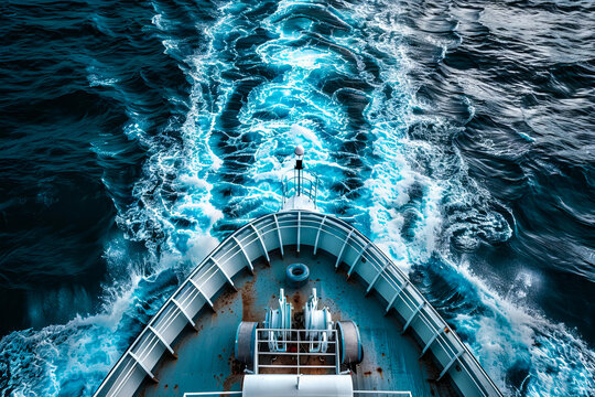 A view of the bow of a ship in the ocean.