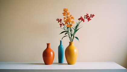 Clean Aesthetic Scandinavian style table with decorations. Zen. Spiritual Vase and flowers. Vibrant, colorful. 
