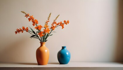 Clean Aesthetic Scandinavian style table with decorations. Zen. Spiritual Vase and flowers. Vibrant, colorful. 