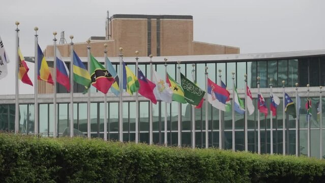 Line of national flags waving in front of the United Nations headquarters in New York City