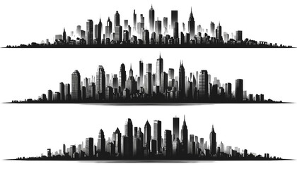 Set of Black and White Urban City Skylines with Distinct Building Silhouettes
