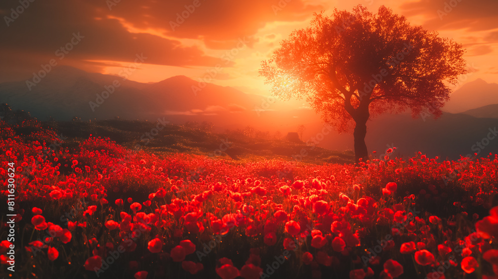 Poster a beautiful red field with a tree in the middle
