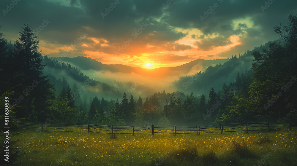 Poster a beautiful landscape with a large field of grass and a fence in the foreground. the sun is setting 