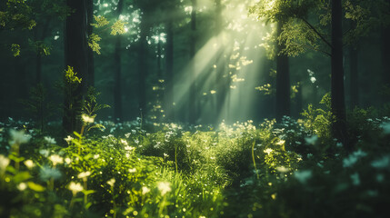 Fototapeta premium A forest with sunlight shining through the trees and flowers in the grass
