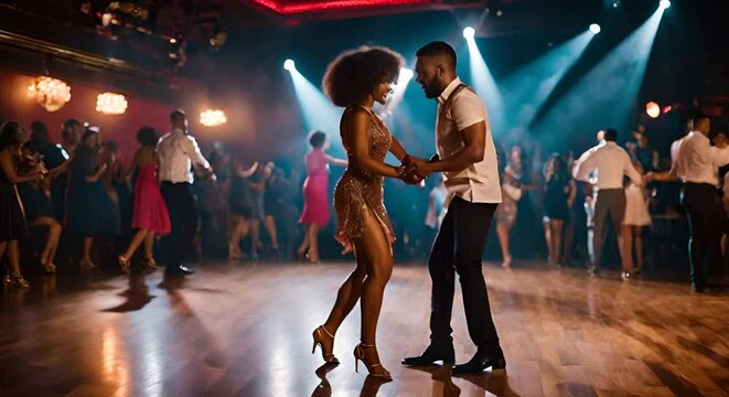 Hispanic couple dancing salsa.