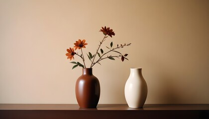 Clean Aesthetic Scandinavian style table with decorations. Zen. Spiritual Vase and flowers. Brown. Beige. 