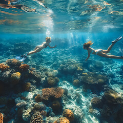 Two women are swimming in the ocean, surrounded by coral and fish