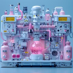 The image shows a 3D rendering of a pink and white machine with a large glass sphere in the center. The machine is made up of various pipes, tubes, and other mechanical parts.