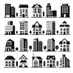 Fototapeta premium Collection of Black and White Building Icons for Urban Design and Architecture 