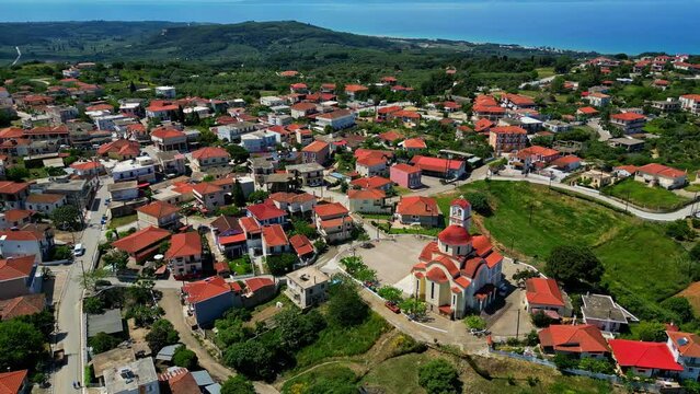 Aerial View of Kastro Kyllini Municipality, Elis, West Greece, Orthodox Church and Homes, Drone Shot