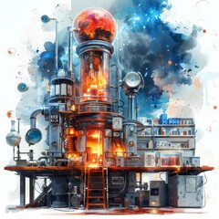 The watercolor painting shows aampunk laboratory with a large glass tube in the center.