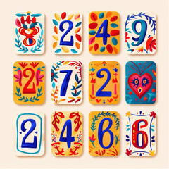 
A set of numbers from one to nine in the style of Mexican paper cut, vector illustration with bright colors and white background,