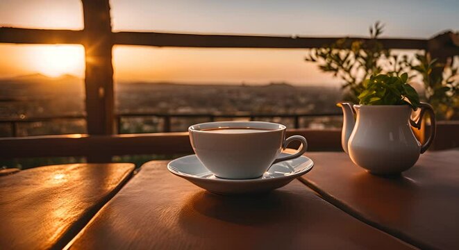 Cups of tea at tea time at sunset.