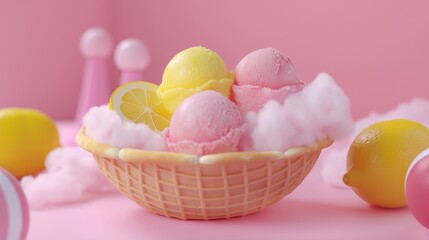 Fototapeta premium A symphony of colors with scoops of bubblegum, cotton candy, and lemon gelato arranged in a waffle bowl