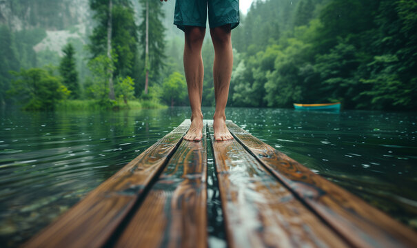 Fototapeta relaxing person is standing on wooden pier at lake in nature