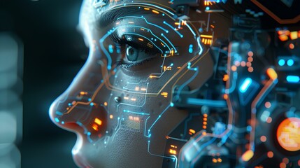 Close-up of a human eye displaying a detailed futuristic digital interface, symbolizing advanced technology and surveillance.
