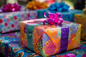 A playful scene of birthday presents wrapped in colorful paper and topped with bows, waiting to be unwrapped by the lucky recipient.