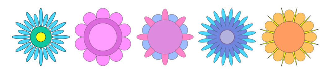 set of simple flat flower icons in bright colors.