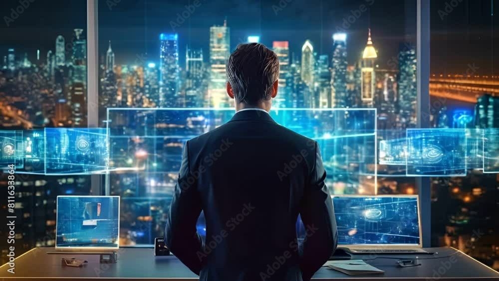 Poster businessman using computers connection technology and digital marketing data , modern life of busine