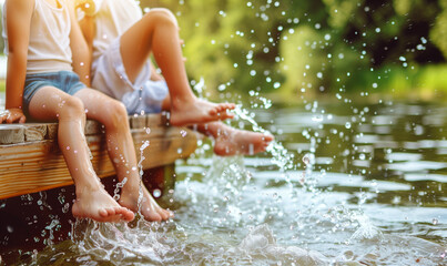 shot of legs of joyful children sitting on pier and splashing lake water with feet