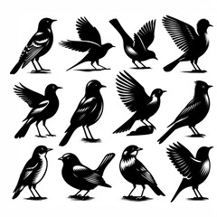 Obraz premium Set of Black Bird Silhouettes in Various Poses Isolated on White Background 